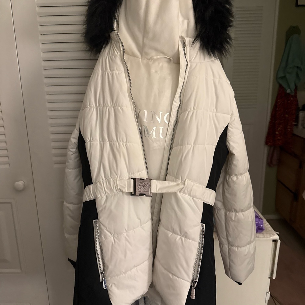 Vince Camuto Black and White Puffer Jacket with Belt